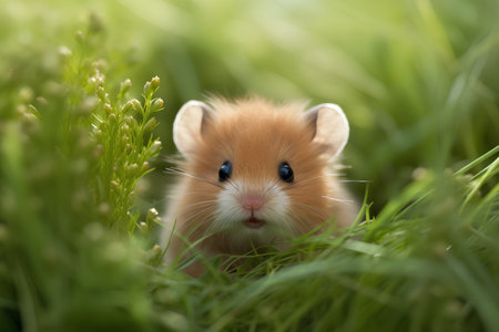 Hamster in the green grass. Cute little hamster.の素材
