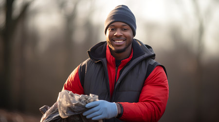 smiling african american man in red jacket and gloves holding trash bag in forestの素材