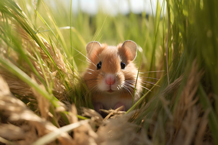 Hamster in a wheat field. Cute little hamster in the field.の素材