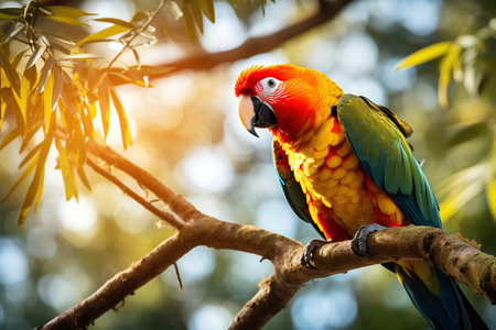 Colorful macaw parrot sitting on a tree branch in the forestの素材