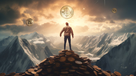 Businessman standing on top of a mountain and looking at the falling bitcoinsの素材