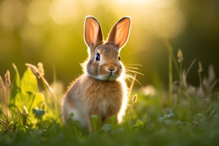 Cute rabbit in the meadow at sunset. Easter background.の素材
