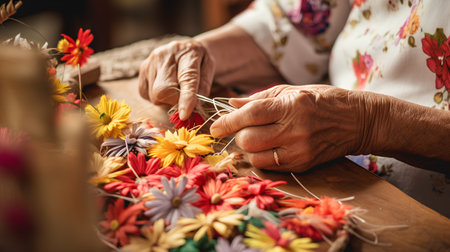 Close-up of an old woman weaving a colorful flower wreath.の素材