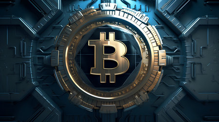 Golden bitcoin symbol on blue metal background. Cryptocurrency concept. 3D Renderingの素材