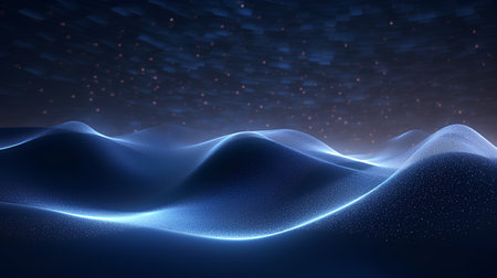 abstract 3d illustration of blue wave with glowing particles on dark backgroundの素材