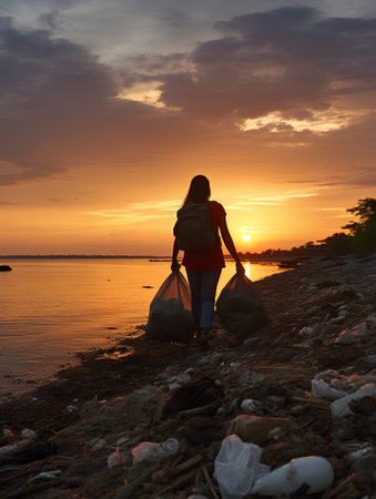Silhouette of a woman collecting garbage on the beach at sunset.の素材