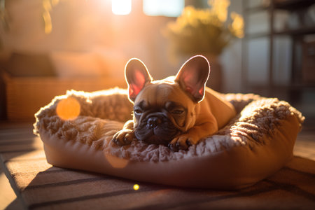 French bulldog puppy lying on a pillow in the morning sun.の素材