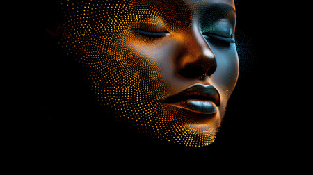 3d illustration of a woman's face made of particles on a black backgroundの素材