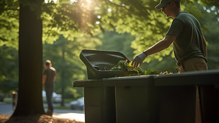 Man picking up fresh vegetables from the trash can in the park.の素材