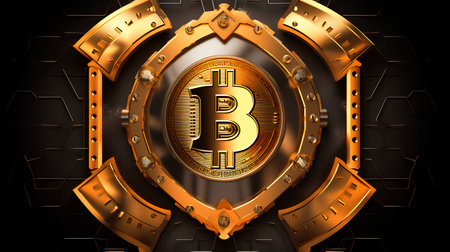 Golden shield with bitcoin symbol on black background. 3D illustration.の素材