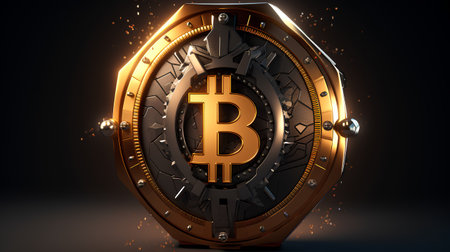 3d rendering of a golden watch with a bitcoin symbol on a black backgroundの素材