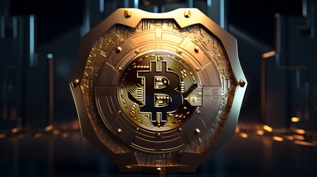 Golden shield with bitcoin symbol. Cryptocurrency concept. 3d renderingの素材