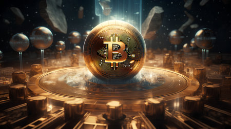Golden bitcoin on the background of the planet. 3D illustration.の素材