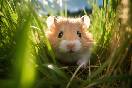 Hamster in the grass. Hamster on a background of green grass.の素材