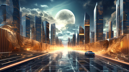 Futuristic cityscape with a car on the road. 3d renderingの素材