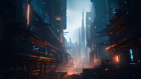 Night cityscape with skyscrapers and buildings, 3d renderの素材