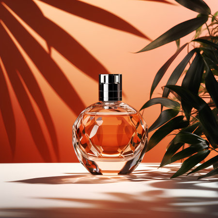 Perfume bottle on a background of tropical leaves. 3d renderingの素材