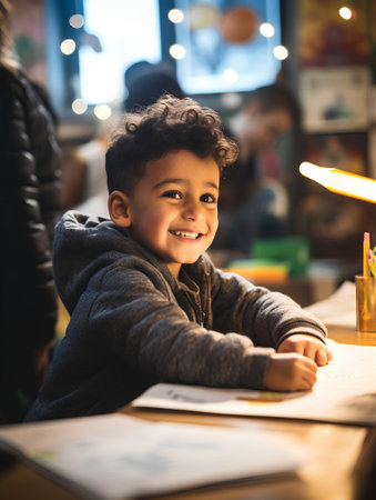 Little boy drawing with pencils in a children's drawing class.の素材