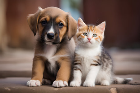 Adorable puppy and kitten sitting together on the floor. Selective focus.の素材