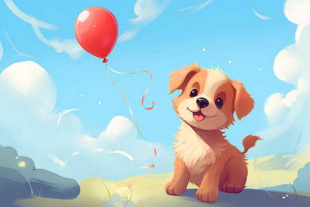 Cute dog with red balloon in the sky. Vector illustration.の素材