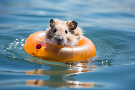 Hamster swims in the sea with an inflatable ring.の素材
