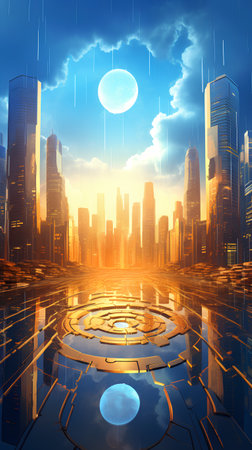 Night city. Futuristic cityscape. 3d render illustration.の素材