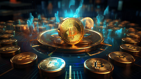 3d rendering of golden bitcoins on the background of the cryptocurrency chartの素材
