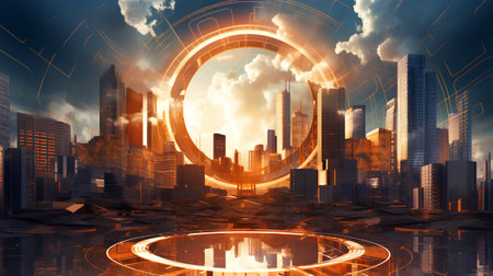 Futuristic cityscape with glowing circle. Futuristic concept. 3D Renderingの素材