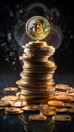 Golden bitcoin coin on a stack of coins. Cryptocurrency concept.の素材