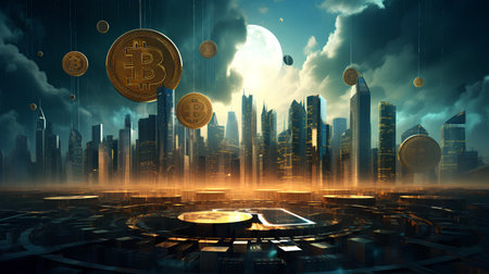 Futuristic city and cryptocurrency coin. Digital money concept. 3D renderingの素材