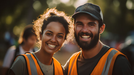Portrait of a smiling couple of workers standing in the city.の素材