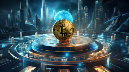 Bitcoin on the background of the city. 3d rendering, 3d illustration.の素材
