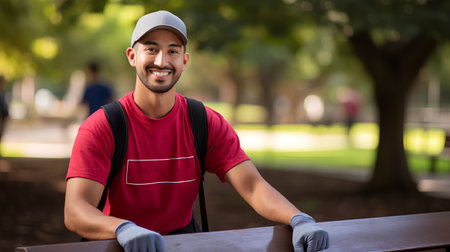 smiling delivery man in cap, gloves and t-shirt standing in parkの素材