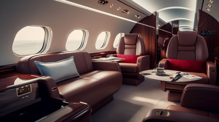Interior of airplane with leather seats and comfortable armchairs. 3d renderingの素材