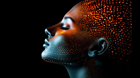 3d rendering of a female head with glowing dots in her headの素材