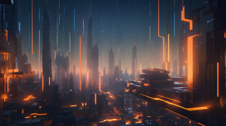 Futuristic city at night with neon lights. 3d renderingの素材