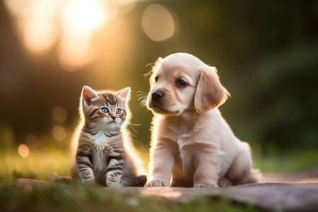 Cute Golden Retriever puppy and kitten sitting together on the grassの素材
