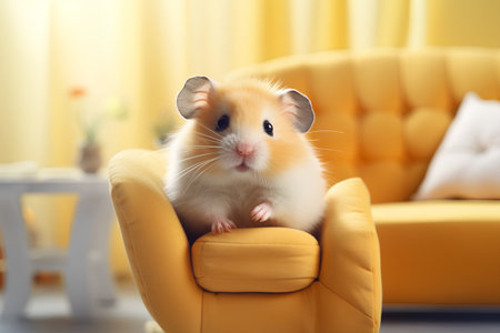 Hamster sitting on yellow armchair in living room, closeupの素材