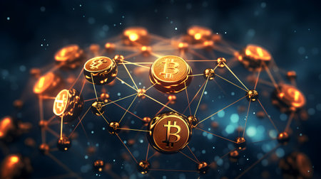 Bitcoin cryptocurrency. Golden bitcoin on a dark blue background. 3d renderingの素材