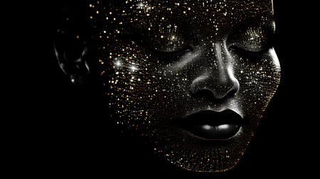 Black and white portrait of a beautiful woman with golden glitter on her faceの素材