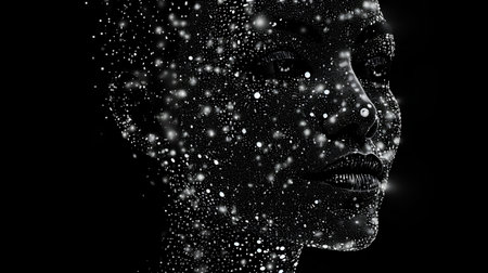 3D Illustration of a Human Face made of Digital Particlesの素材