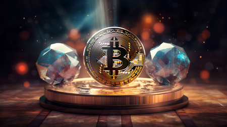 Bitcoin with blue crystals on the background of the stage. 3d renderingの素材