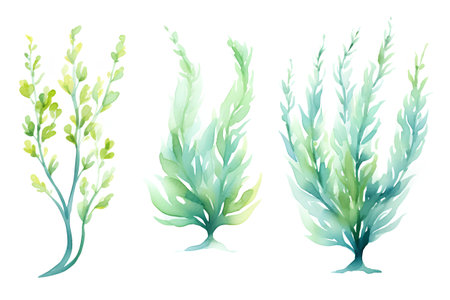 Watercolor seaweeds set. Vector illustration isolated on white background.の素材