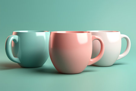 3d render of three cups in pastel colors on green backgroundの素材