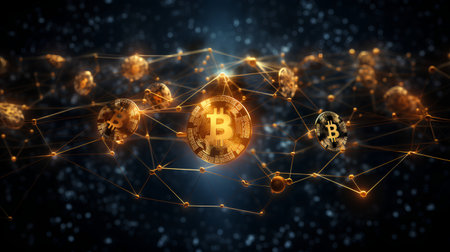 Bitcoin cryptocurrency coin with network connection on dark background. 3D renderingの素材