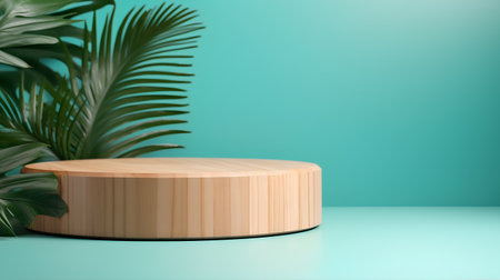 Wooden podium on green background with palm leaves. 3d renderの素材