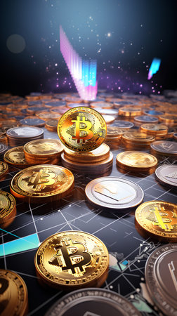 Bitcoin on abstract background. Cryptocurrency concept. 3d illustrationの素材