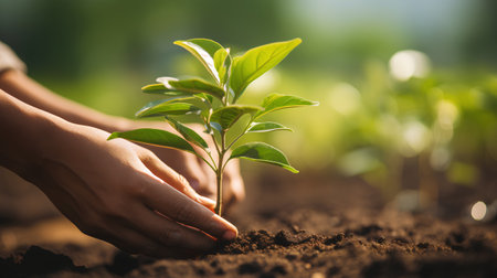 Human hands planting tree in fertile soil. Ecology and environment protection conceptの素材