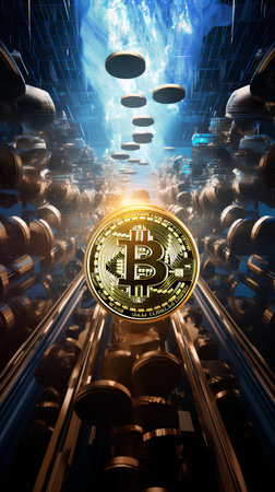 3d rendering of a golden bitcoin in a futuristic space station.の素材
