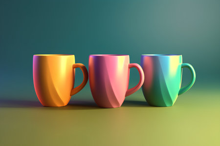3d render of three colorful mugs on a green background.の素材